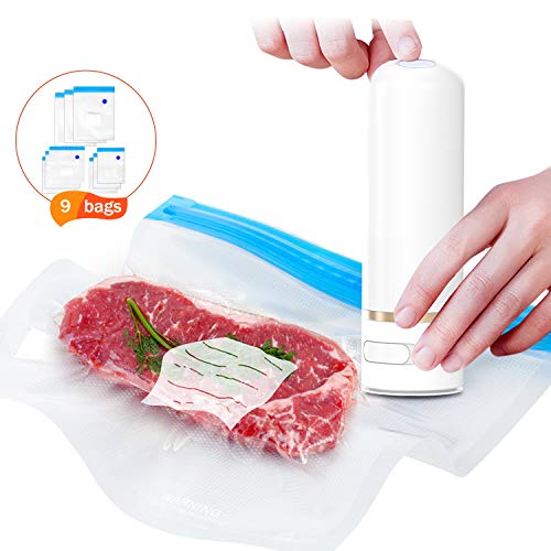 AMZJUPWM Mini Portátil Sellador de Vacío, USB Recargable Automática Vacío con Sellador Vacío Bolsas Reutilizables de Alimentos sin BPA para Almacenamiento de Alimentos (Bomba + Bolsas)