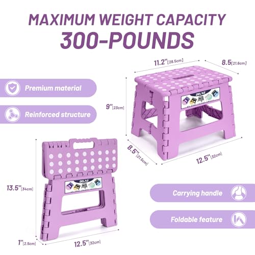 Image of Delxo 9 inch Folding Step Stool, Non-Slip Foldable Small Stools Up to 300 LBS, Kids Step Stool with Handle Lightweight for Kitchen, Bathroom, Bedroom, Garden, Light Purple, 1PC