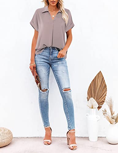 Gaharu Womens Dress Shirts Work Blouses For Women Office V Neck Collared Tunic Solid Color Flattering Blouse Short Sleeve Business Top Fashion 2022 Adobe Rose,M #TOP4