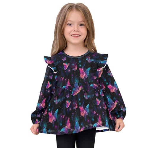 Blue Butterflies Leave Night Girls Shirts Cotton Long Sleeve Ruffle Toddler Tee Tops3