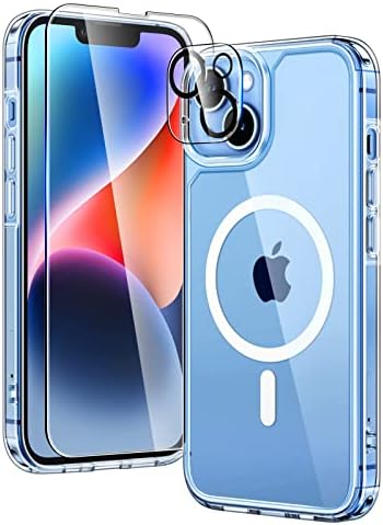 TAURI 5 in 1 Magnetic Design for iPhone 14/iPhone 13 Case, and 2 Screen Protector +2 Camera Protector, [Design for MagSafe] Anti-Yellow Shockproof Phone Case