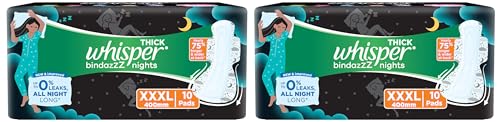 Image of Whisper Bindazzz Night Sanitary Pads|10 Thick Pads|XXXL|upto 0% Leaks|Suitable for Heavy Flow|75% Longer & Wider back|Comfortable Cushiony soft wings|40 cm Long|With disposable wrap (Pack of 2)