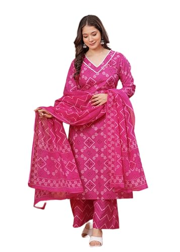 Image of MEERA FAB Women's Pure Cotton Bandhani Printed Kurta with Palazzo & Dupatta