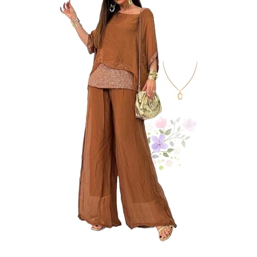 ZPLMIDE Traje casual de gasa con lentejuelas para mujer, elegante pantalón de gasa de pierna ancha, conjunto de dos piezas para boda de mujer, marrón, 3XL