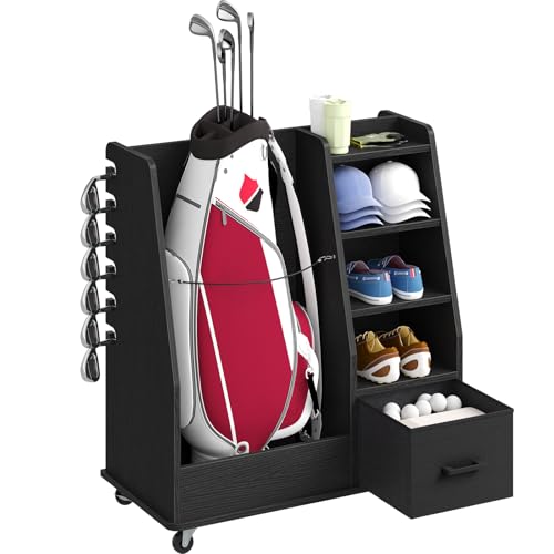 HOOBRO Wooden Golf Storage Organizer for Garage, Golf Bag Holder Rack with Wheels, Golf Bag Organizer and Storage Rack, Club Holder, for Golf Accessories, Garage, Simulator, Black BK90CJ01