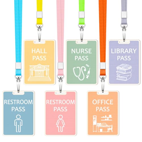 Sabary 6 Sets Hall Pass Lanyards and School Passes Set Unbreakable Wooden Bathroom Passes for Classrooms Hall, Restroom, Library, Office and Nurse School Teacher Supplies Gift(Light Color)