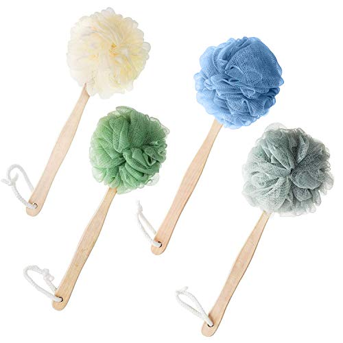 Fciqven 4 Pack Bath Shower Loofah Body Brush with Long Handle, Bath Sponge Back Scrubber Shower Brush(4 colors)
