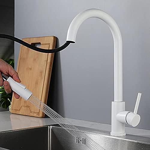 Robinet mitigeur de cuisine blanc pivotant avec douchette inox eau chaude froide