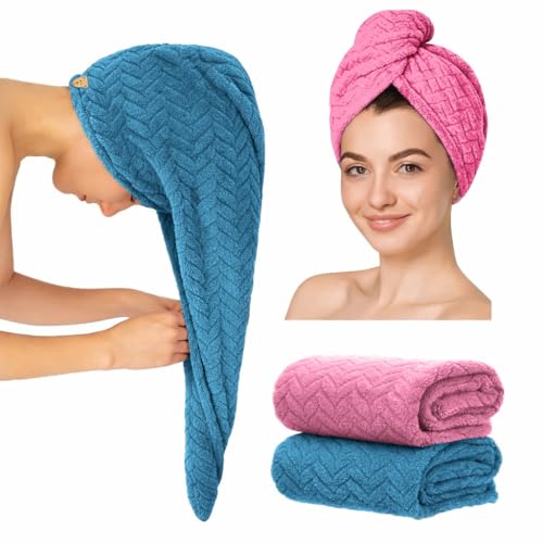 Image of MAXOSHINE Hair Towel Wrap for Women-Quick Drying Microfiber Towel for Hair with Elastic Loop for Tying-Super Absorbent Head Towels Wrap for Ladies Hair Turban, Pack of 2