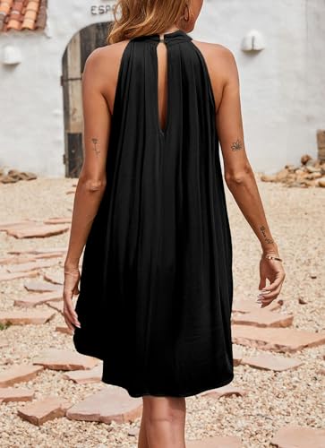 Image of KIRUNDO Women's 2025 Summer Halter Neck Sleeveless Mini Dress Loose Tank Top Pleated Flowy Short Beach Sundresses (Black, Large)
