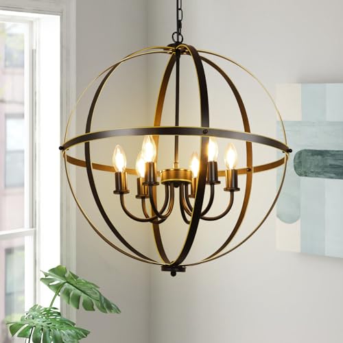 DLLT 6-Light Orb Chandelier, Black and Gold Globe Pendant