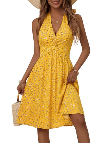 Image of ZABERRY Women Summer Sundresses Halter Neck Deep V Tie Backless Floral Ruched Vacation Beach Dresses 2025 with Pockets