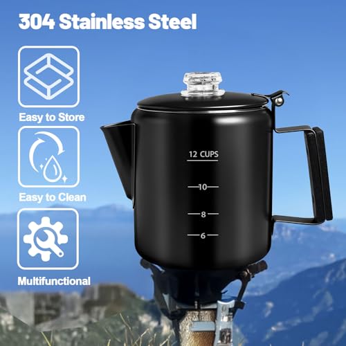 Image of 12 Cup Percolator 304 Stainless Steel Coffee Pot Coffee Maker Coffee Machine with Solid Wood Handle Transparent Knob Stovetop Greca Mocha for Induction Home and Camping 2200ml 74.4oz