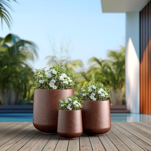 Image of Kante Set of 3 Rusty Concrete Curved Planters 16.5 inch 13 inch 9.4 inch Dia | Drainage for Outdoor, Rubber Plug for Indoor Home, All-Weather Cement Pot, Handcraft, Lightweight & Durable, Anti-UV, Round