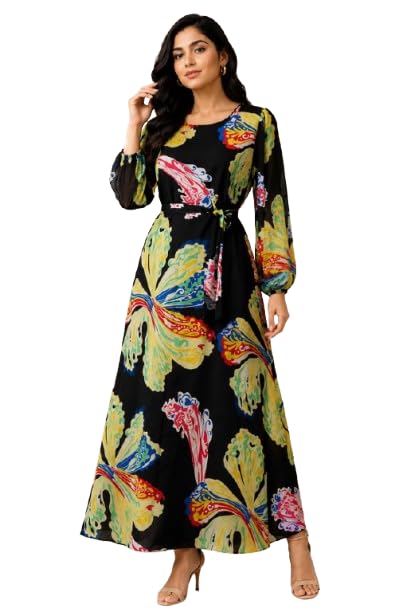 Gown Black Georgette Fabric with Crepe Lining for no Transparency A-LINE Floral Gown Print, Bishop Sleeves with Elastic Cuffs Pattern with Belt-image-25