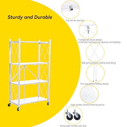 Image of BRIAN & DANY 4-Tier Foldable Storage Shelves with Wheels, Folding Metal Rack Shelving Unit, Heavy Duty No Assembly Organizer Shelf for Garage, Kitchen, Pantry, White