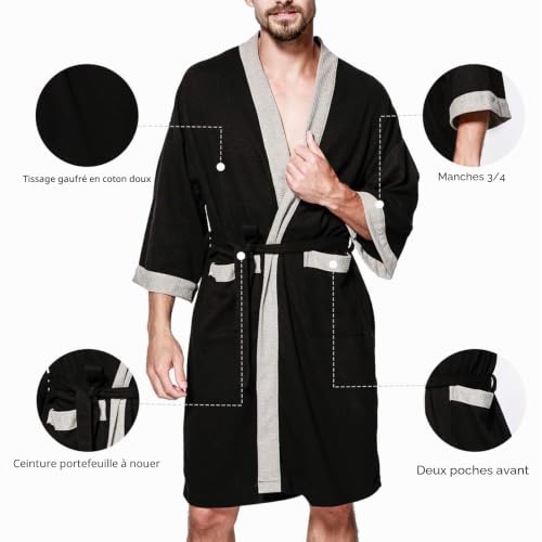 CRETUAO Peignoir de Bain Homme ete Légère, 100% Coton robe de chambre chic homme Leger Kimono sortie de bain Absorbant l'eau Respirant yukata homme pour Douche Natation Maison,Gray black,M – vue 6