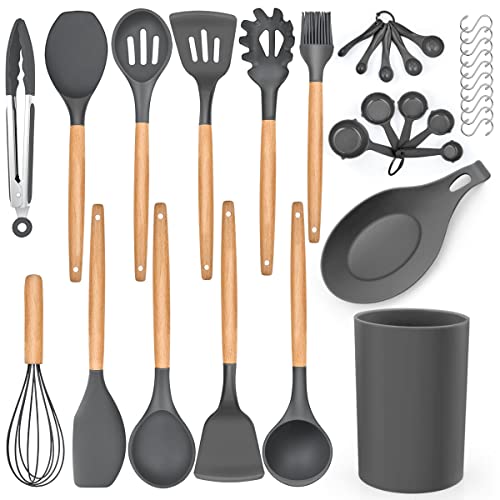 LIANYU 33-Piece Silicone Kitchen Cooking Utensils Set with Holder, Wooden Handle Heat Resistant Cookware Utensils Set, Non-Stick Kitchen Tools, Black Gray