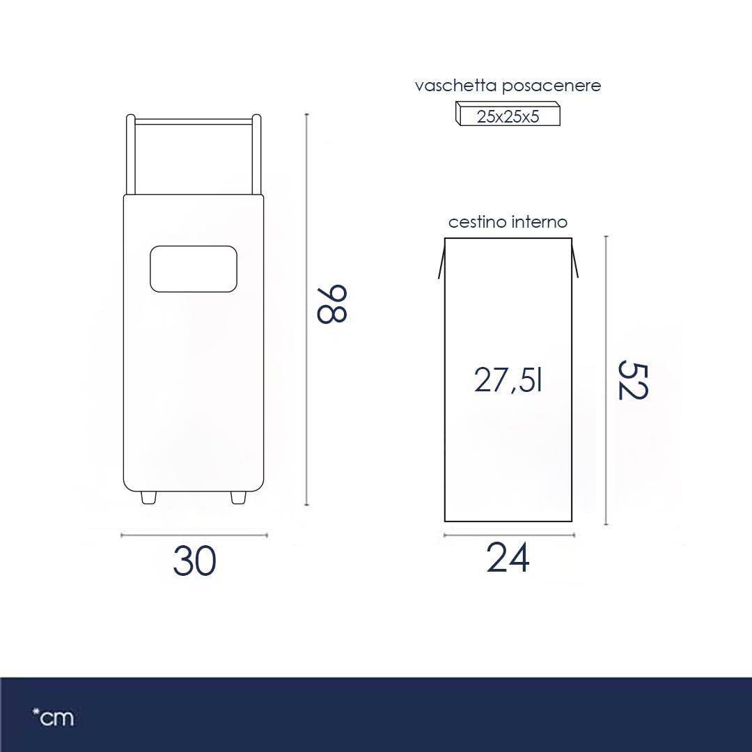 Danieli – Posacenere a Colonna da Esterni, con Cestino Gettacarte. Struttura Autoportante con Piedini Anti-scivolo. Portacenere in Metallo Grigio con Copertura Superiore. 27,5 L.