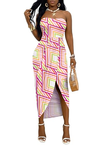 Image of Umenlele Women's Strapless Ruched High Waist Wrap Split Asymmetrical Beach Maxi Long Dress
