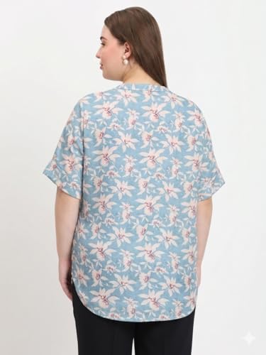 Image of SINDOORI Relaxed Fit Tops for Women Plus Size Solid Printed Mandarin Collar, Band Collar, V-Neck Top, Half Sleeve Loose Fit