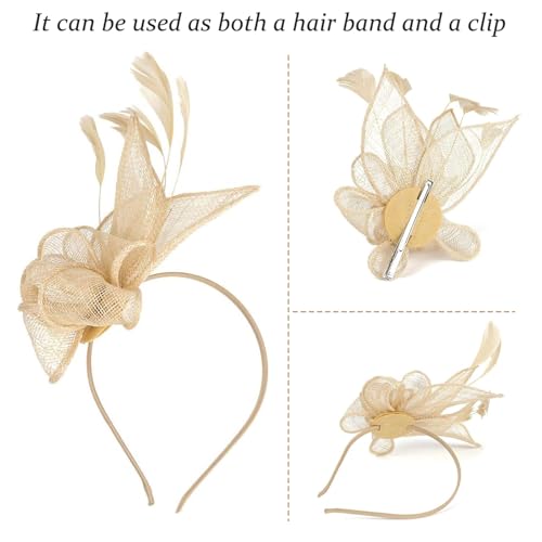 Fascinator para mulheres, requintado e elegante, chapéu fascinador de linho dourado usado por faixa