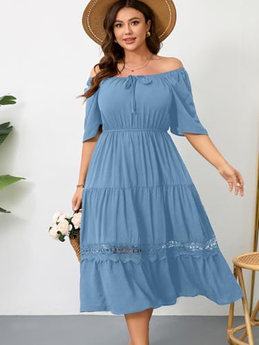 Image of RWJ Women's Plus Size Maxi Dress Short Sleeve Square Neck Flowy A-Line Lace Trim Flutter Party Casual Off Shoulder Dresses