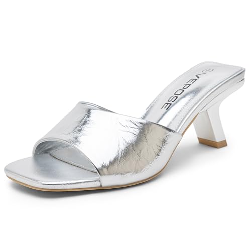 Vepose Women's Single Band Heeled Sandals, Slip On Square Open Toe Mules - Approx 3 Inch Rectangular Slim Block Heels, Dressy Wedding Guest Prom Business Casual 6105 Shoes 9.5 Silver