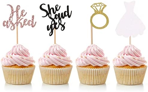Hriochy He Asked She Said Yes Cupcake Toppers Diamond Ring Cake Picks for Wedding Engagement Party Cake Decorations（24 Pcs）