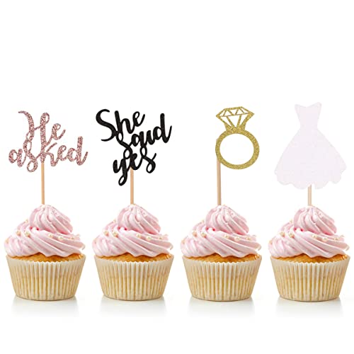 Hriochy He Asked She Said Yes Cupcake Toppers Diamond Ring Cake Picks For Wedding Engagement Party Cake Decorations（24 Pcs） #TOP2