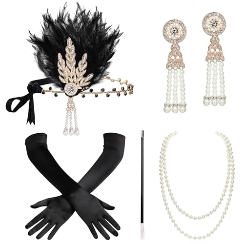 BABEYOND 1920s Flapper Gatsby Costume Accessories Set 20s Flapper Headband Pearl Necklace Gloves Holder