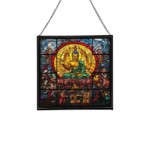 Buddha Taming Mara Stained Glass Suncatcher – Square Hanging Window Panel for Meditation Room, Zen Space, or Home – Peaceful Spiritual Glass Art Gift, Christmas, Thanksgiving szm2GB