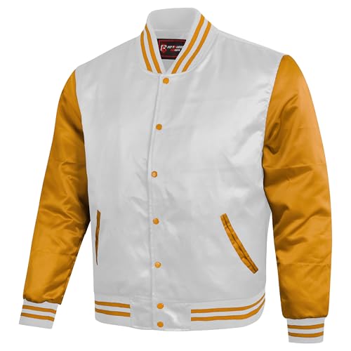 Classic Satin Varsity Letterman Jacket Bomber Design & Baseball-College Style Multicolor & Gold Sleeve2