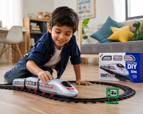 Image of Electric Bullet Train Toy Set with DIY Railway Track - 13 Pcs Battery Operated High Speed Simulation Train for Kids, Motorized Rail Playset Educational Birthday Gift for Boys & Girls