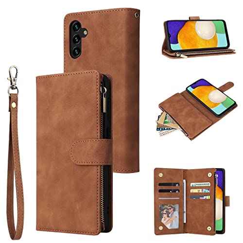 Étui Samsung Galaxy A25 5G cuir marron avec grand porte-carte et fermeture éclair