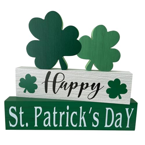 Happy St. Patrick's Day Table Decor Shamrock Home Office Wooden Table Top Decor Centerpiece Decorations for Tiered Trays Shelf Coffee Bar Mantle Windowsill