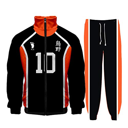 Sudadera con capucha de anime Haikyuu Karasuno High School Team Uniforme Hinata Shoyo Tobio Kageyama Anime Cosplay Sudadera con capucha solapa cremallera chaqueta pantalones sudadera chándal deportivo
