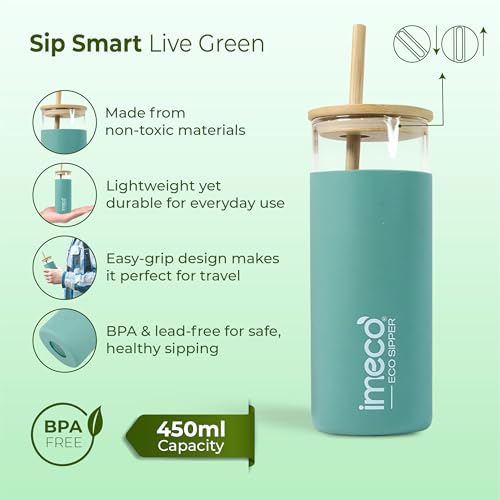 Image of IMECO ECO Sipper Glass Bottle with Bamboo Lid & Straw 450ml | Borosilicate Glass Tumbler | Leakproof & BPA-Free | Reusable, Non-Toxic & Lightweight | Ideal for Milk, Coffee & Tea - Green