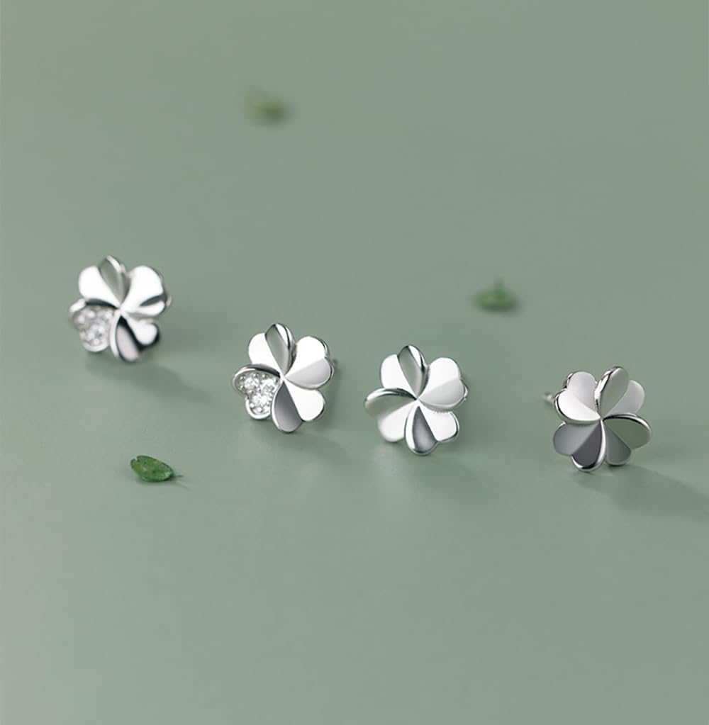 Reffeer Solid 925 Sterling Silver Clover Leaf Stud Earrings for Women Teens CZ Clover Stud Earrings Shamrock Earrings Spring