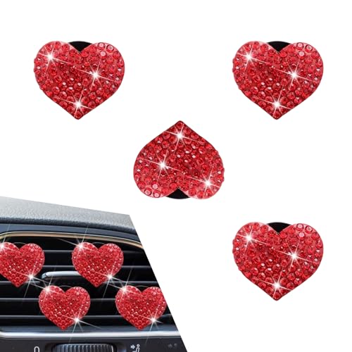 Image of Bling Heart Car Air Conditioner Air Outlet Clip, 1.07 inch x 1.07 inch All-over Rhinestone Cute Sparkling Clip-on Decorative Piece, Air Outlet Accessory, for Most Car Models (Red)