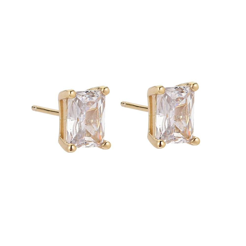 Simpli Basic - Emerald Cut White Cubic Zirconia 14k Gold Plated Stud Earrings, Hypoallergenic, Nickel-Free, Butterfly Back