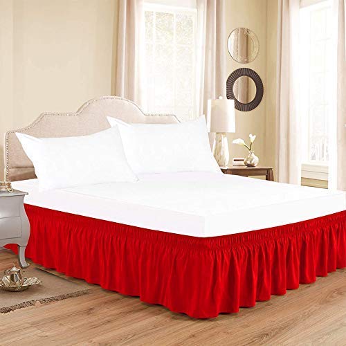 - 600 Thread Count Pure Cotton Wrap Around Bed Skirt - 1 Piece Cotton Queen Size Wrap Around Bed Skirt Elastic Dust Ruffles 21" Drop Length ​- Red