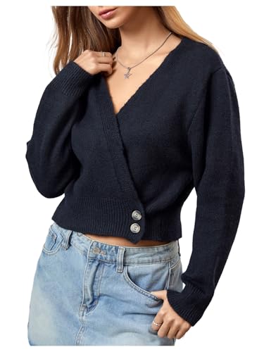 Image of WDIRARA Women's Wrap V Neck Sweater Button Front Long Sleeve Crop Knitted Top