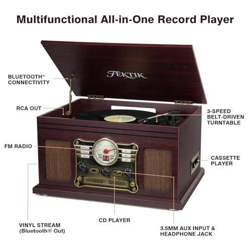 Image of FEKTIK Bluetooth Record Player 10 in 1, 3-Speed Belt-Drive Turntable with Speakers, Bluetooth Input & Output, CD, Cassette, FM Radio, Wireless Streaming