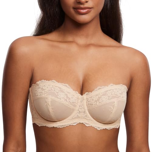 DOBREVA Unlined Lace Strapless Bra Sexy See Through Plus Size Convertible Underwire Bras Beige - Unlined 36C