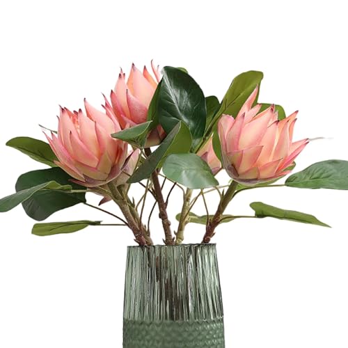 Lovmeety 3 Pcs Artificial Protea Flowers, Real Touch Faux Pink King Protea Arrangements for Home, Wedding, Party, Office Table Centerpiece Decor