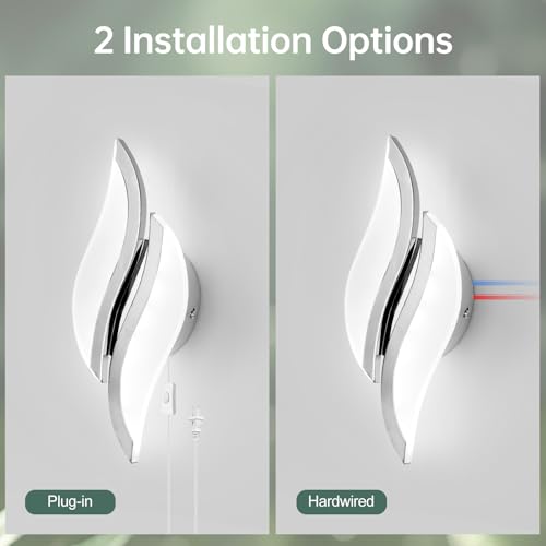 Image of CANEOE Plug in Wall Sconces Set of Two 6000K Chrome Modern LED Wall Light Fixtures Acrylic Wall Sconce Lighting for Living Room Bedroom Bedside Bathroom Hallway Stairway Wall Lamp