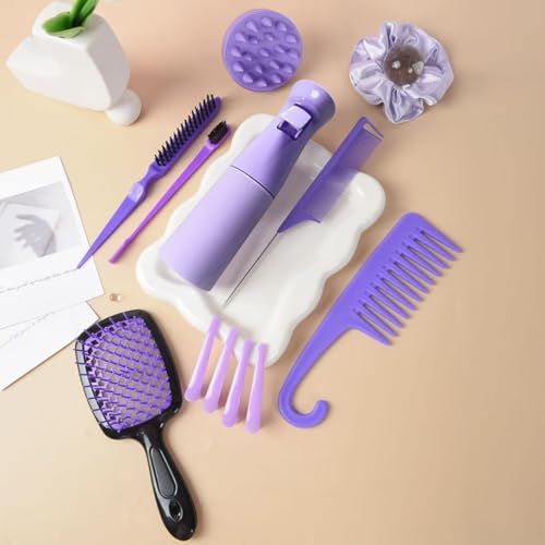 12 Pcs Hair Brush Set with Continuous Hair Spray Bottle for Women, Rat Tail Combs for Toddlers, Soft Scalp Massager, Detangling Hairbrush for Wet Dry Curly Hair (purple)