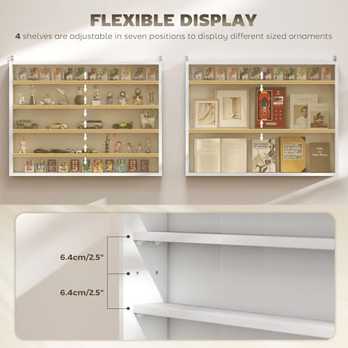 Image of HOMCOM 5-Tier Display Cabinet, Glass Door Cabinet with Adjustable Shelves, Wall-Mounted Display Case for Playroom, Bedroom, White