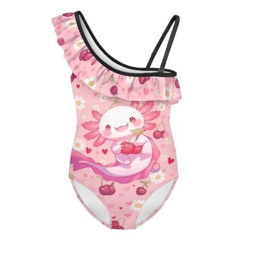 Image of WELLFLYHOM Axolotl Girls One Piece Swimsuits 3-14 Ruffle One Shoulder Bathing Suits Full Coverage Beachwear